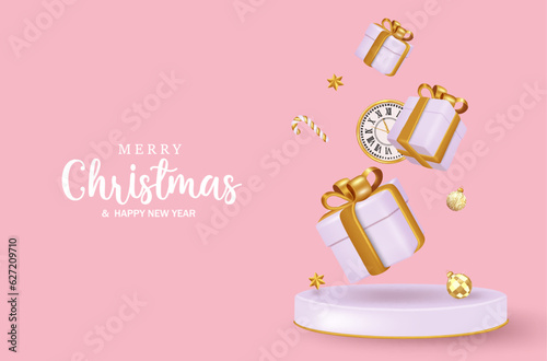 Merry christmas text vector design. Christmas podium for product display presentation with gift boxes xmas elements. Vector illustration holiday shopping promotion.  