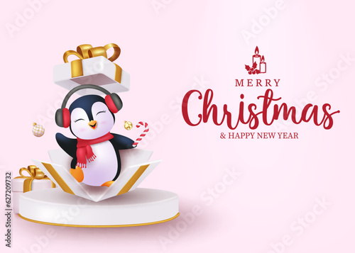 Christmas podium vector design. Merry christmas and happy new year text with cute penguin character in gift box surprise elements. Vector illustration holiday greeting card concept. 