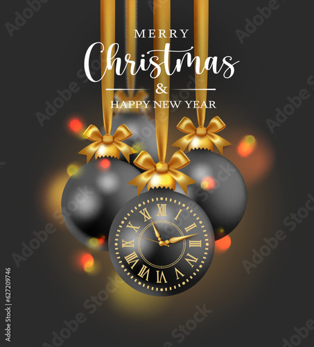 Merry christmas text vector poster design. Christmas black balls hanging elements with time clock for countdown concept. Vector illustration holiday greeting design.