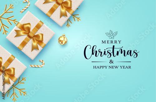 Merry christmas text vector design. Christmas gift boxes with gold ribbon decoration for xmas greeting card background. Vector illustration holiday season elegant design. 