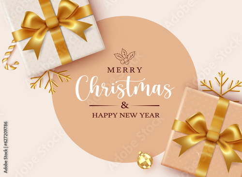 Merry christmas text vector template design. Christmas gift boxes and snowflakes elements in gold elegant color ornaments for card decoration. Vector illustration seasonal holiday background.   