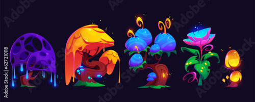 Cartoon set of magic trees and flowers isolated on black background. Vector illustration of fairytale plants glowing with neon colors, fantastic tropical garden design elements, nature on alien planet