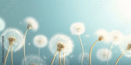 Beautiful fantasy abstract 3D dandelions close up on a light blue background. Light delicate summer spring floral background
