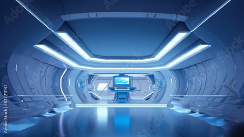 Büro im futuristischen modernen Stil und blauen LED Licht, ai generativ