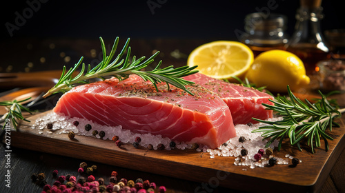 Fresh tuna with lemon and rosemary and salt and spices on a cutting board. Against a dark background