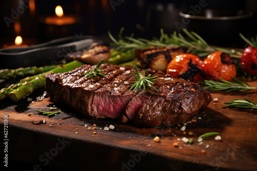 Juicy delicious steaks, asparagus with parmesan and vegetables on wooden table in kitchen.