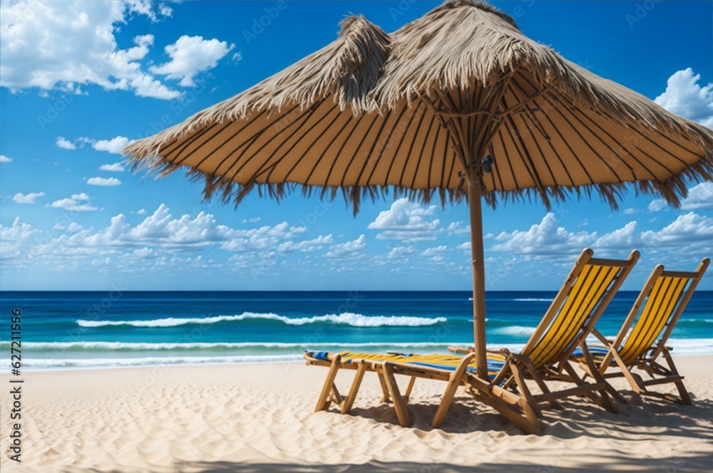 Landscape summer vacation holiday travel ocean sea beach background banner panorama - Wooden sun loungers, lounge chair and parasol on the sand, blue sky and sunshine