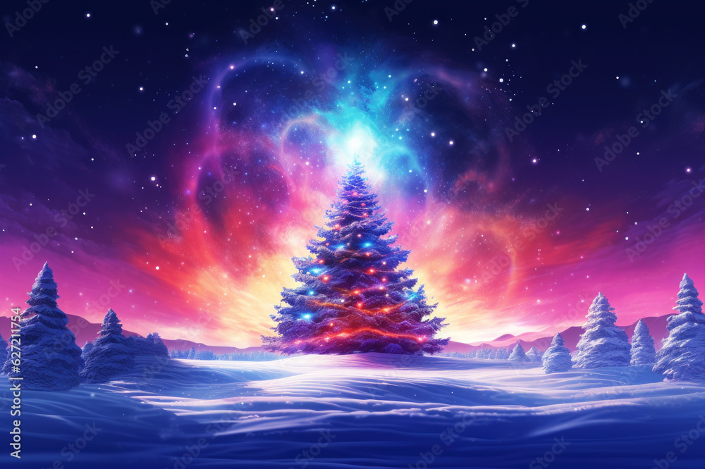 Christmas tree in winter landscape, neon colors