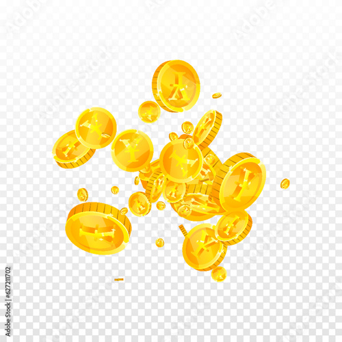 Japanese yen coins falling. Scattered gold JPY