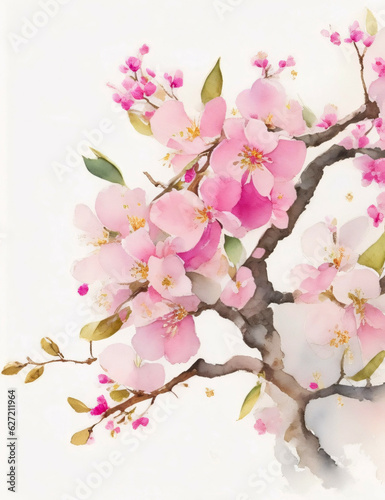 Watercolor art of pink cherry blossom flowers.