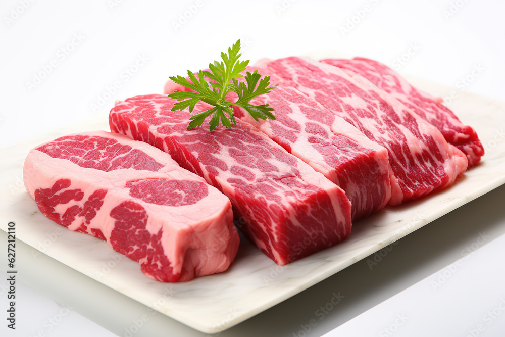 Fresh raw beef fillet with other ingredients isolated on white background