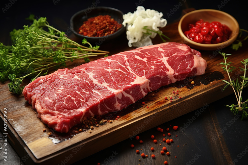 Raw Beef Steak Seasoned and Ready to be Cooked in dark background. Freshly grilled. Healthy dinner.