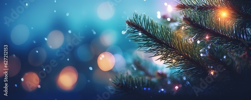 Close-up of pine tree with sparkling lights in background. Made with Generative AI.