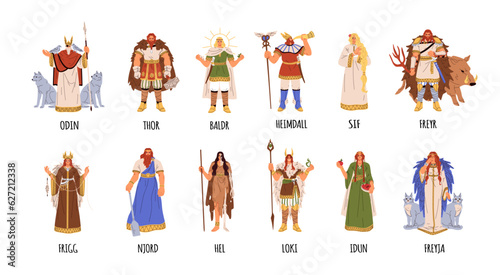 Norse gods and goddesses set. Germanic pagan deities, nordic mythology. Ancient Loki, Thor, Odin, Frigg, Idun from Scandinavian myths, legends. Flat vector illustrations isolated on white background