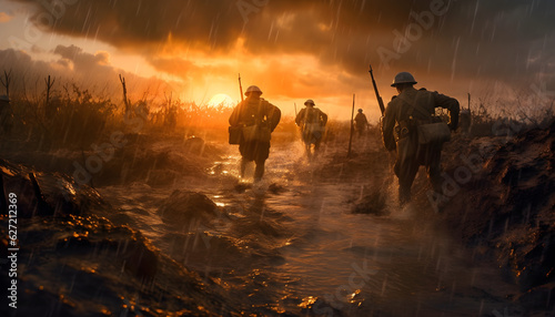 Foto World War I soldiers fighting with bayonets on a muddy front where the rain clou