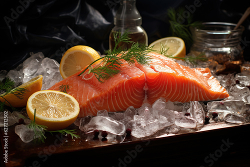 Raw salmon fish fillet with fresh herbs and lemon and rosemary on cutting board in kitchen