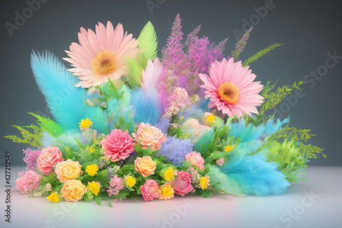 Floral and Decor Arrangement. Pastel colors flowers and decor arrangement on grey gradient background. Generative-AI.