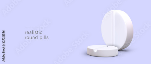 3d realistic white round pill. Medical web poster with place for text. Treatment, prescribing pills concept. Vector illustration in purple and white colors