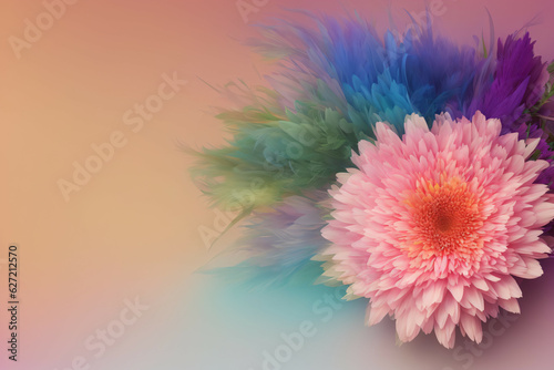  Pastel Colors Floral Decor. Beautiful pastel background with colored feathers decor and pink chrysanthemum flower. Generative-AI.