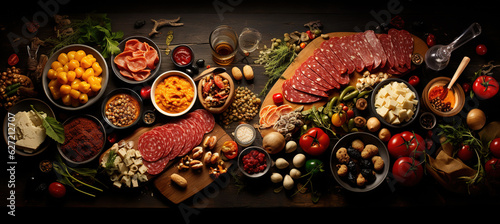 Table with many kind of foods, top view
