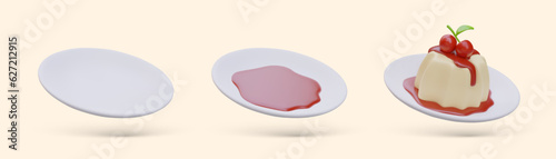 Set of step by step images of serving dessert. Panna cotta. Empty saucer, plate with sweet syrup, served jelly with cherries. Collection of colored vector illustrations with shadows