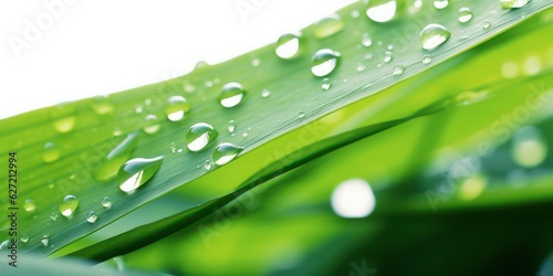 Beautiful transparent natural dew drops or rain on fresh grass leaf isolated on white background. Close-up macro detail