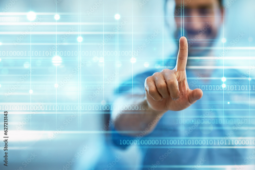 Overlay, nurse and 3d with hand of man in hospital for hologram, digital interface and network. Medicine, healthcare and future with closeup of person for technology, innovation and ui system Overlay, nurse and 3d with hand of man in hospital for hologram, digital interface and network. Medicine, healthcare and future with closeup of person for technology, innovation and ui system