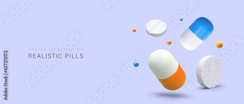 3d poster with realistic medicine. Realistic round pills, capsules in different positions. Web page for online pharmacy store. Vector illustration with purple background photo