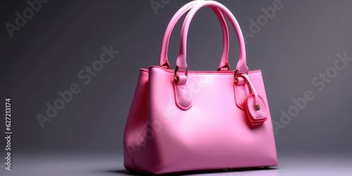 Beautiful trendy smooth youth women's handbag in bright pink color on a gray studio background