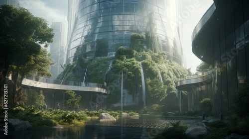 City Oasis: Exploring Architecture and Nature at a Stunning Urban Fountain Park, generative AI