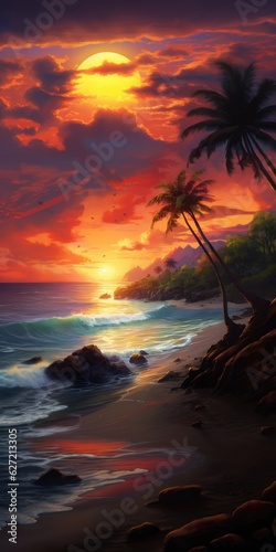 beautiful tropical background with palm trees and ocean for smartphone screen  AI Generated