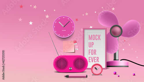 Pink mockup in Barbie style 60s with pink items
