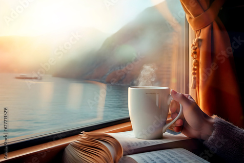Obraz na płótnie Manos de mujer sujetando una taza de café en el interior de autocaravana casa móvil con vistas al mar en el amanecer