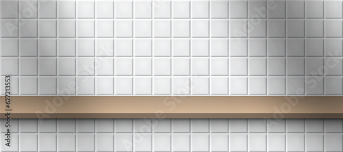 3d brown wooden shelf on white ceramic tiles wall background vector illustration, for product stage display