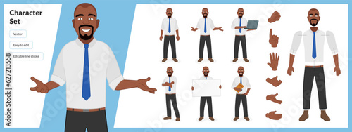 Illustration of black man, wearing business clothing in a set of multiple poses. Easy to edit with editable line strokes and isolated on white background. Suitable for animation.