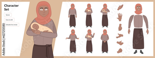 Illustration of middle eastern woman with baby, in traditional clothing, in a set of multiple poses. Easy to edit with editable line strokes and isolated on white background. Suitable for animation.
