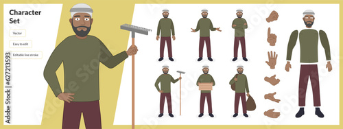 Illustration of middle eastern male farmer, in a set of multiple poses. Easy to edit with editable line strokes and isolated on white background. Suitable for animation.