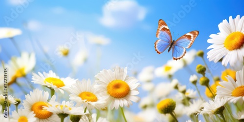 Beautiful white yellow daisies and blue cornflowers with fluttering butterfly in summer in nature against background of blue sky with clouds, macro. Concept bright warm summer nature © Eli Berr