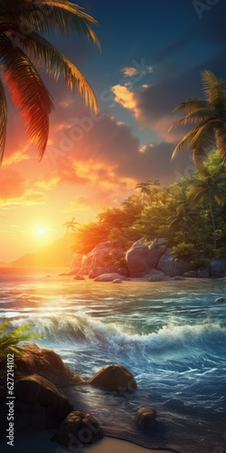 beautiful tropical background with palm trees and ocean for smartphone screen, AI Generated