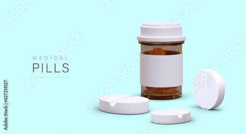 3d realistic jar with pills. Medical poster, advertising campaign for private hospital or pharmaceutical company. Vector illustration with blue background