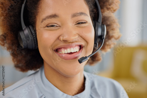 Call center, crm and portrait of happy woman at help desk office, sales and telemarketing in headset. Consulting, communication and face of virtual assistant, customer service agent or care advisor.