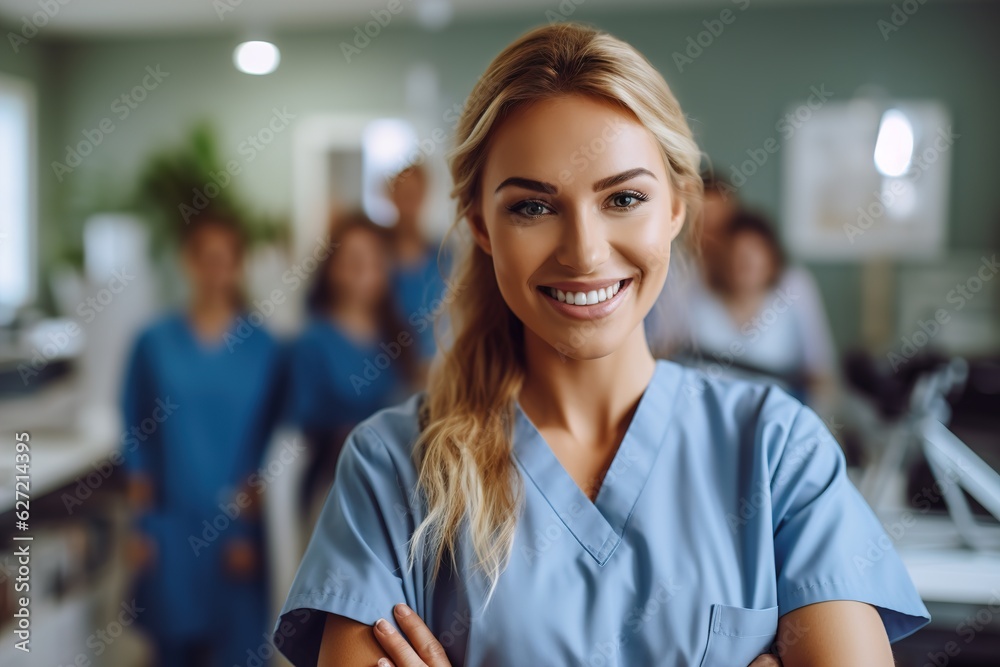Fototapeta premium a female nurse smiles and looks at the camera in a medical office
