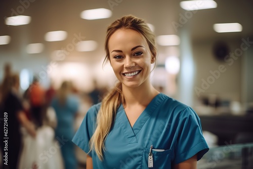 a female nurse smiles and looks at the camera in a medical office