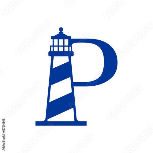Logo Nautical. Icono de torre marítima en puerto. Letra inicial P con faro de luz