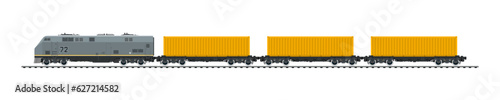 Railway freight wagons, locomotive with cargo container on railroad platform , railway and container transport banner, vector illustration