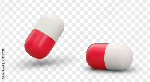 3D red and white capsules. Colored pills. Dosed medical drugs for swallow. Oval medicine. Vector isolated illustration with shadows. Concept for pharmaceutical sites, pharmacy applications
