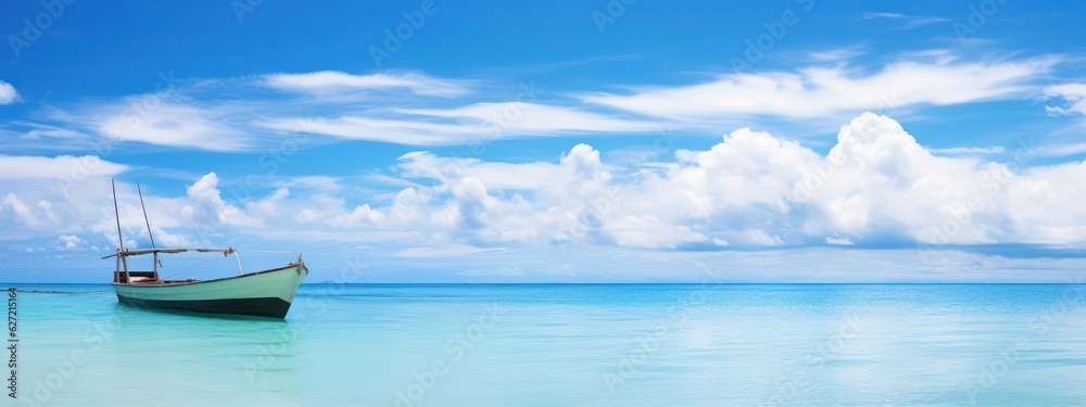 Boat in turquoise ocean water against blue sky with white clouds. Natural landscape for summer vacation