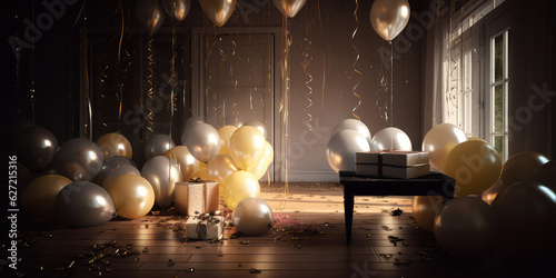  Interior of living room  apartment decorated balloons  lights  confetti. Celebration  holidays  anniversary. background for birthday party. Photo Zone.Generative Ai