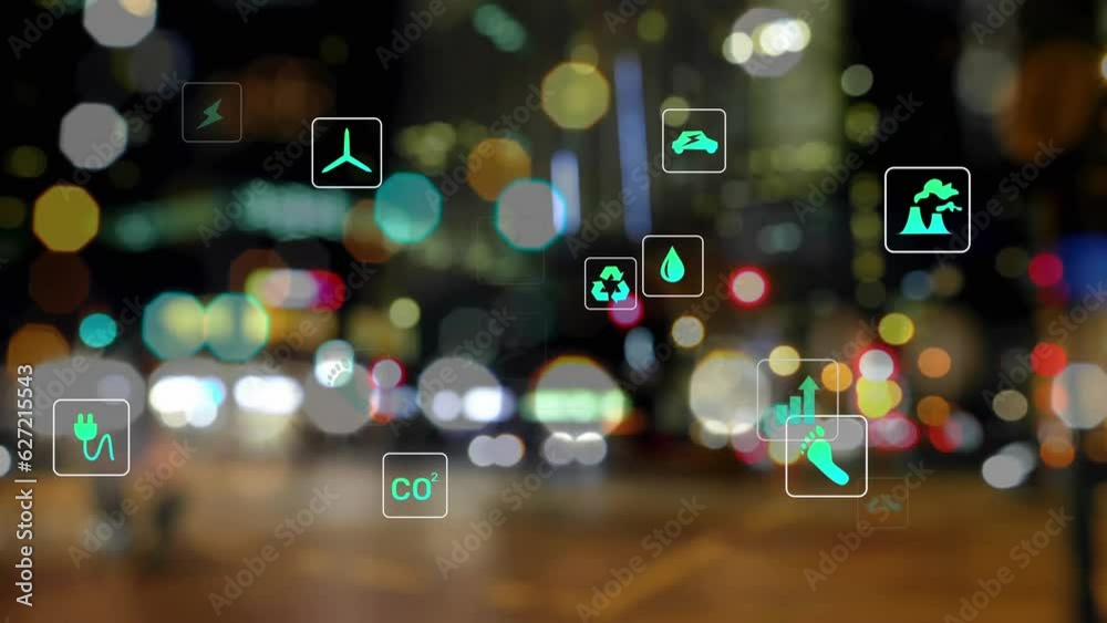Animation of multiple digital icons against blurred view of night city traffic
