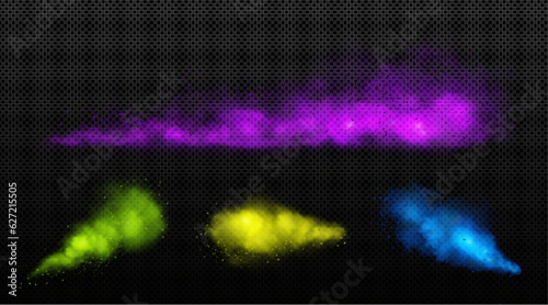 Realistic set of color powder clouds on transparent background. Vector illustration of purple, green, yellow, blue paint splash in air, holi fest colorful dust splatters, spray texture, vivid mist
